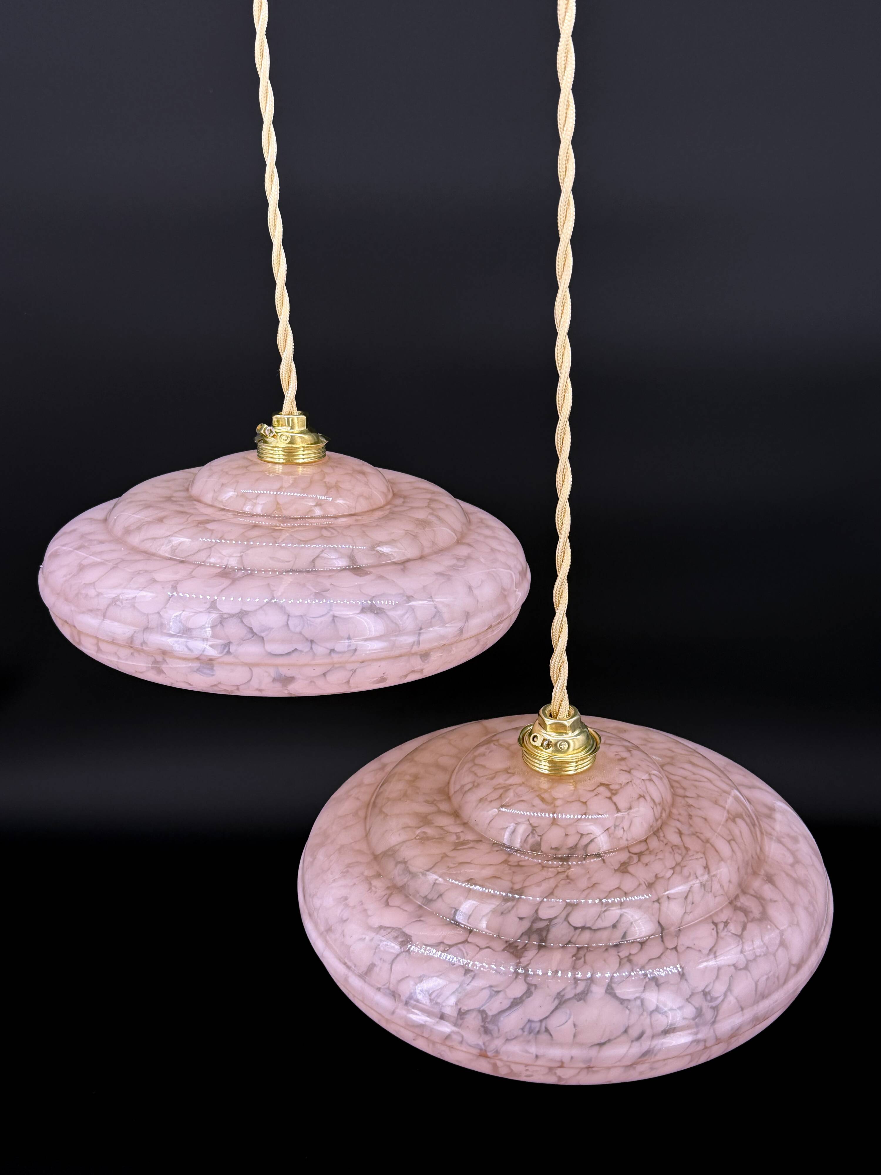 Pair of pink marbled Clichy glass pendant lights – 1950s