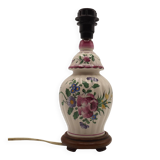 Pretty French vintage hand-painted ceramic floral lamp base on wooden plinth.