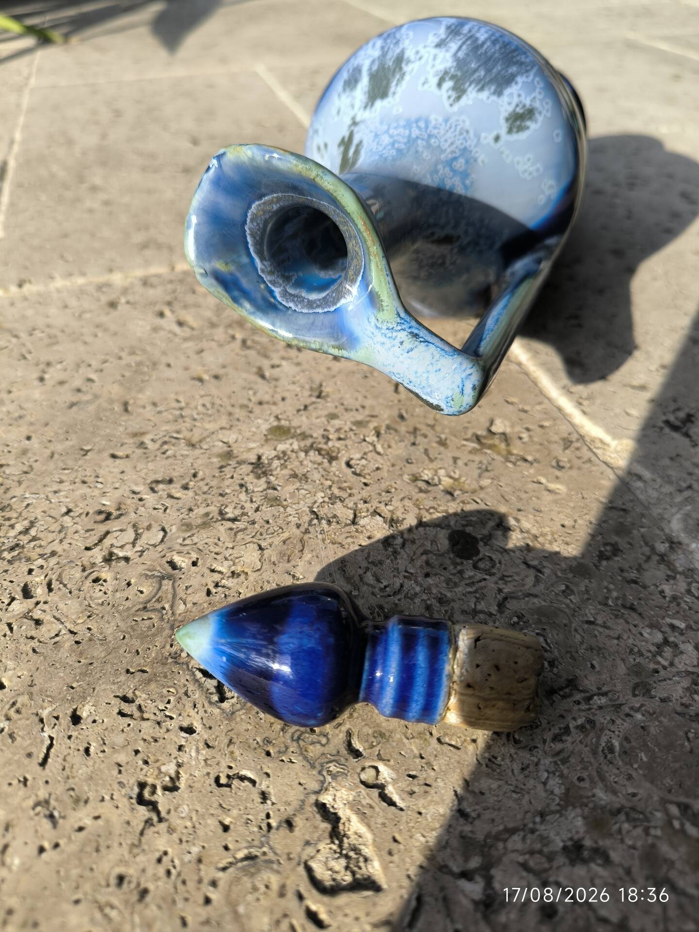 Vintage cobalt blue glazed ceramic carafe / jug – lid