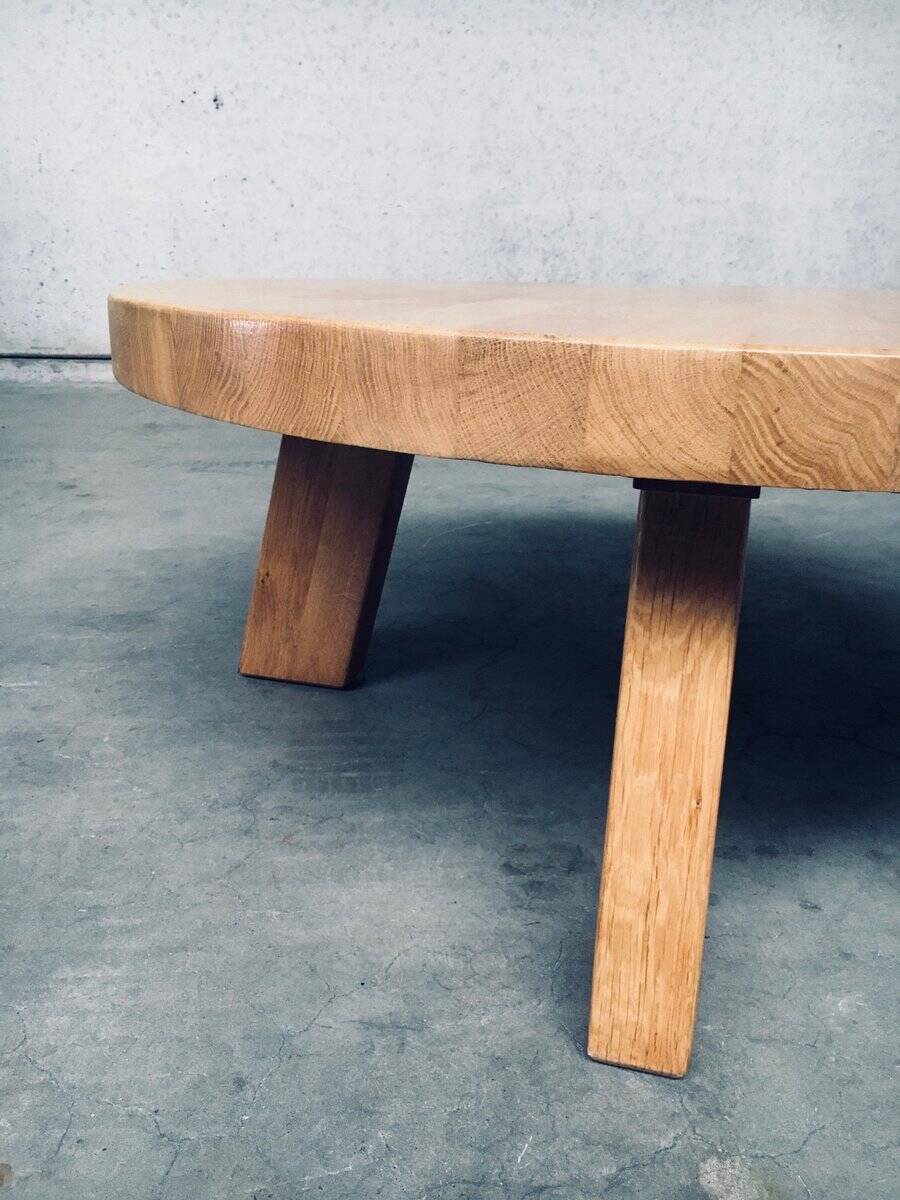 Brutalist Oak Round Coffee Table from Meubelfabriek Oisterwijk, Netherlands, 1960s