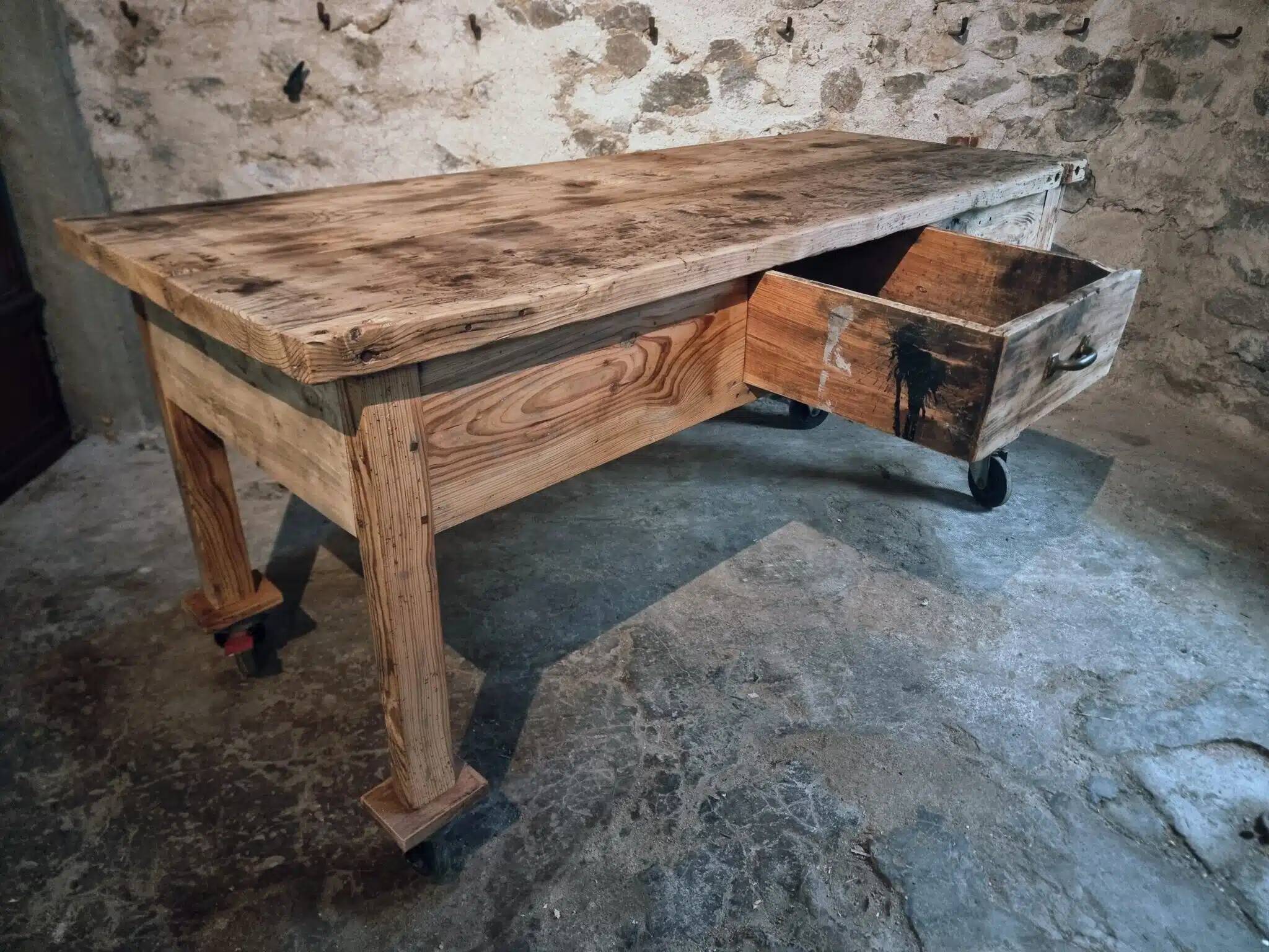 Vintage French pine work table, 1930s industrial kitchen island with drawer and casters