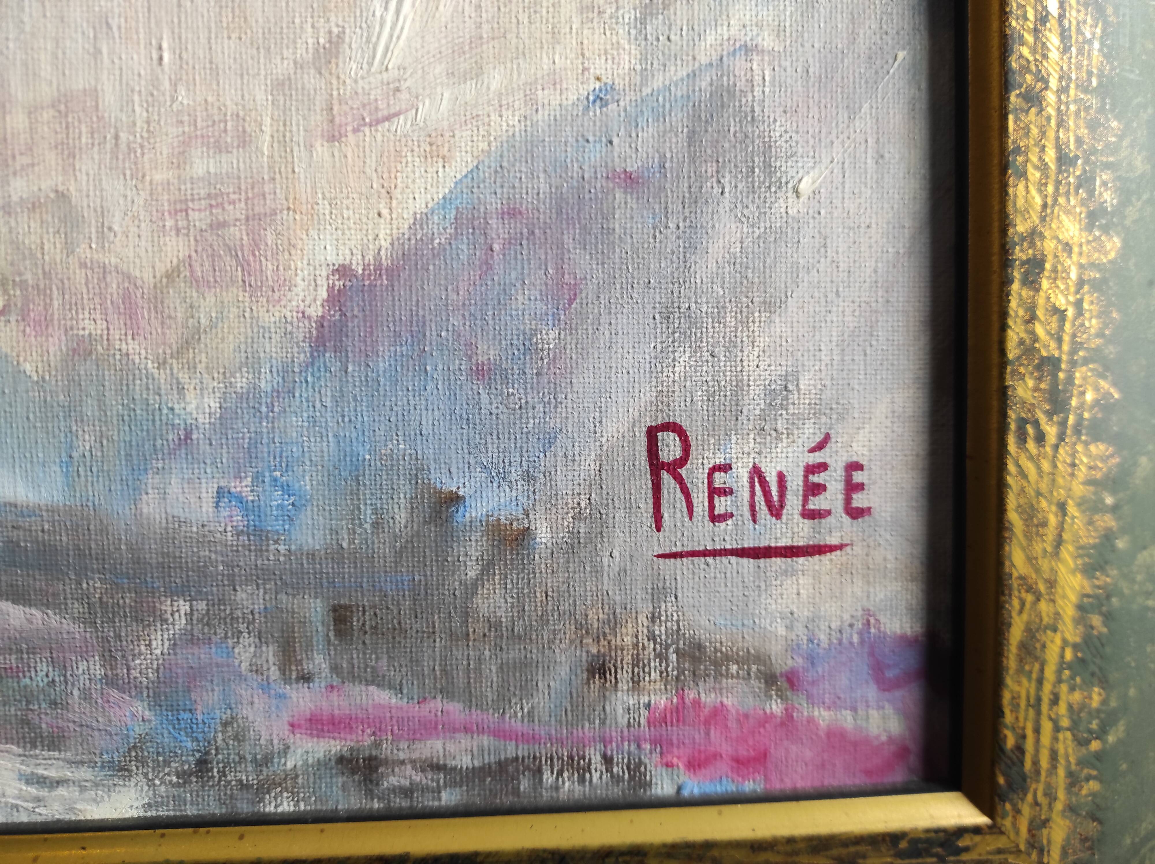 Vintage French oil painting of flowers, signed Renée