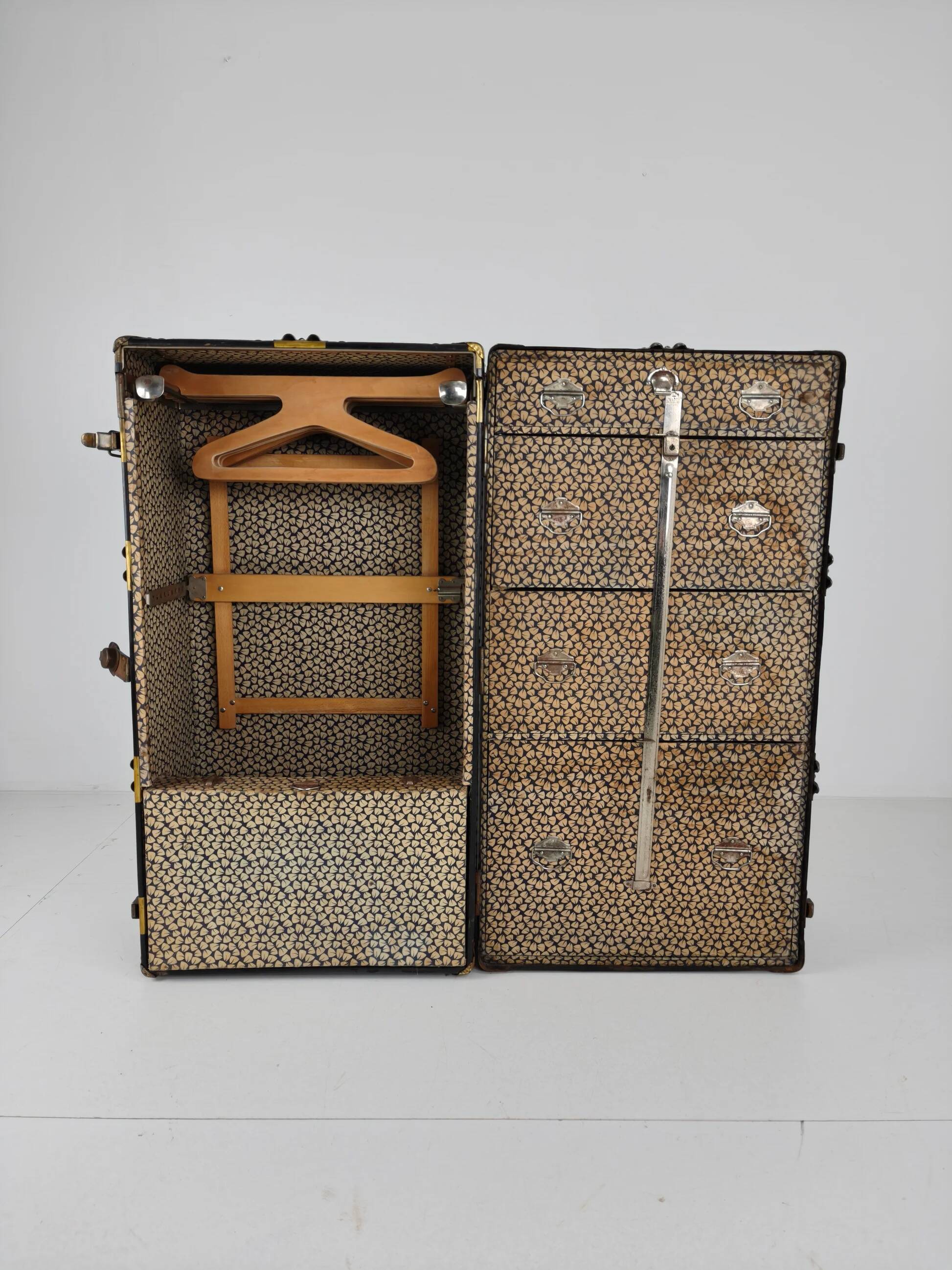 Antique 1924 Belber black leather steamer trunk - large travel wardrobe