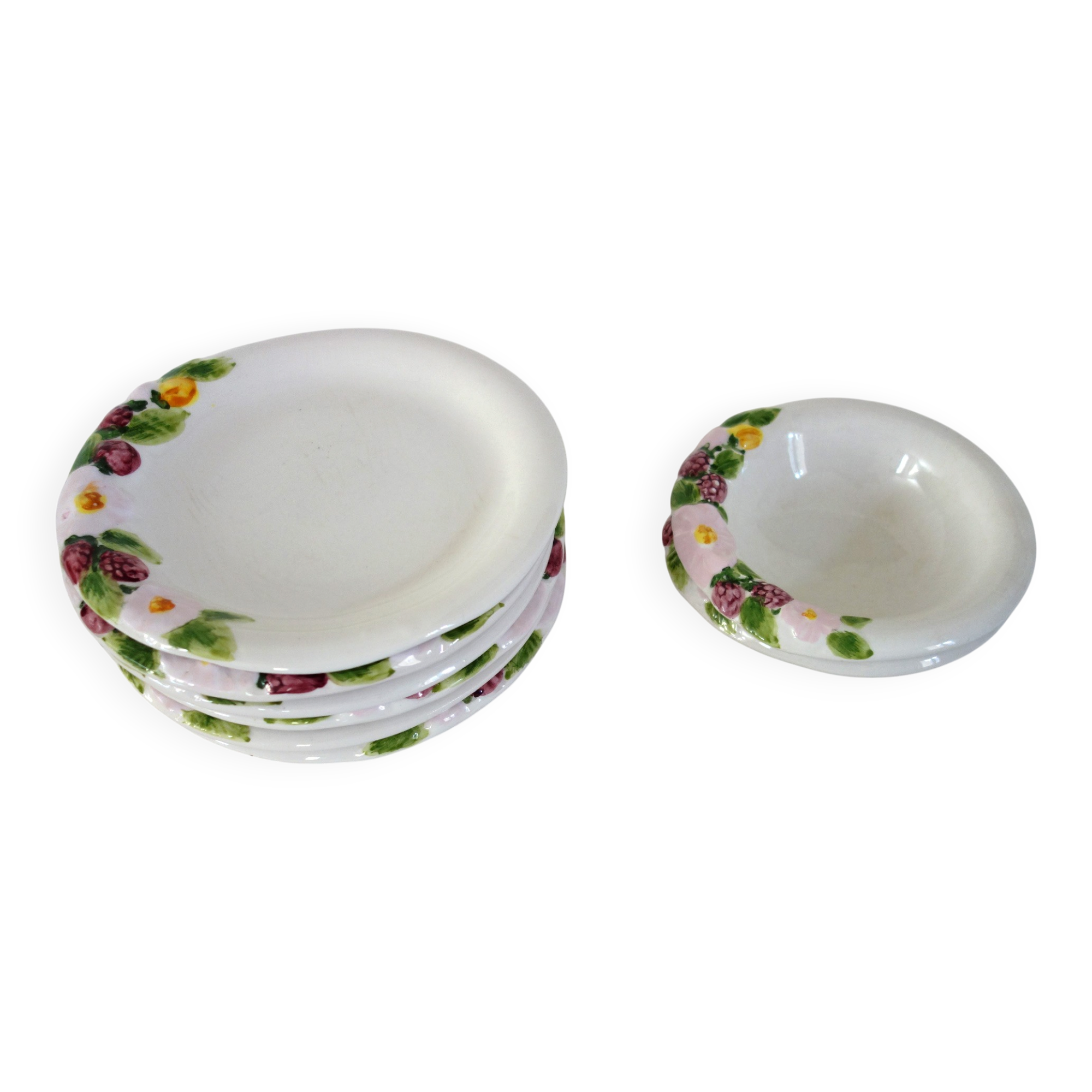 6 plates + 2 bowls Barbotine fruit decor vintage