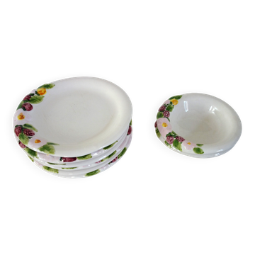 6 Assiettes +2 bols Barbotine décor fruits vintage