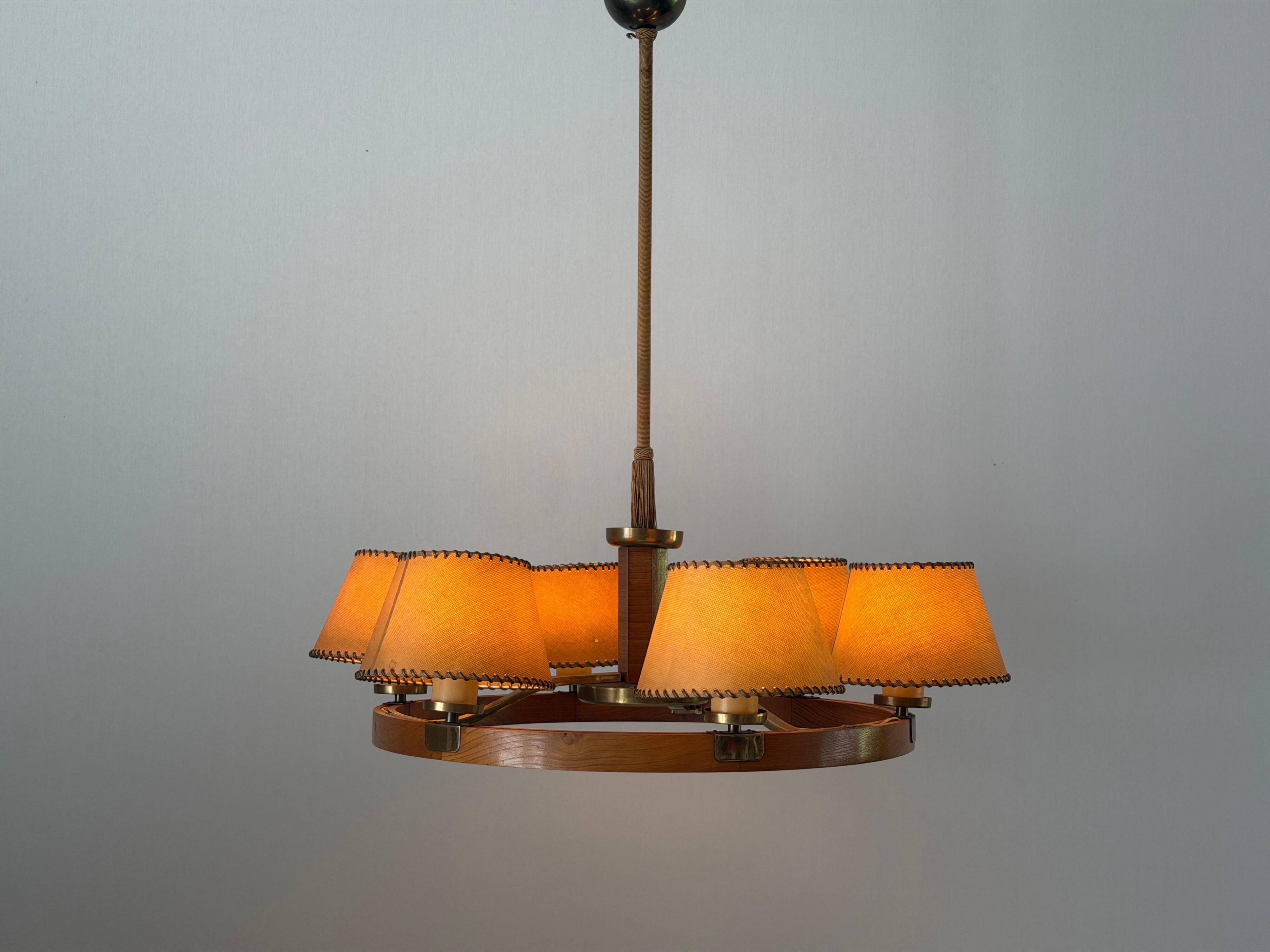 6 wooden paper head chandeliers with brass details, 1960s, Germany