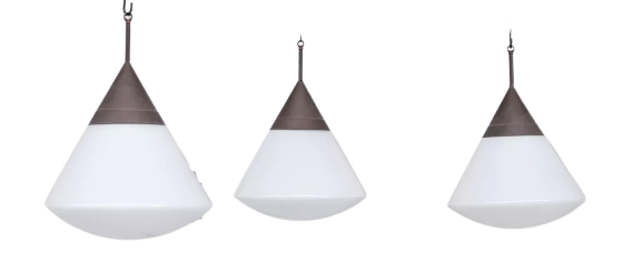 Trio of xl conical opaline mid-century pendant lights 1950