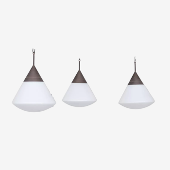 Trio of xl conical opaline mid-century pendant lights 1950