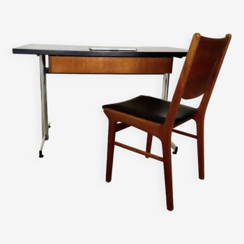 Vintage Danish Teak And Chromed Desk/Table & Chair Set 1970,S