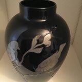 Black opaline vase with pewter branch and birds
