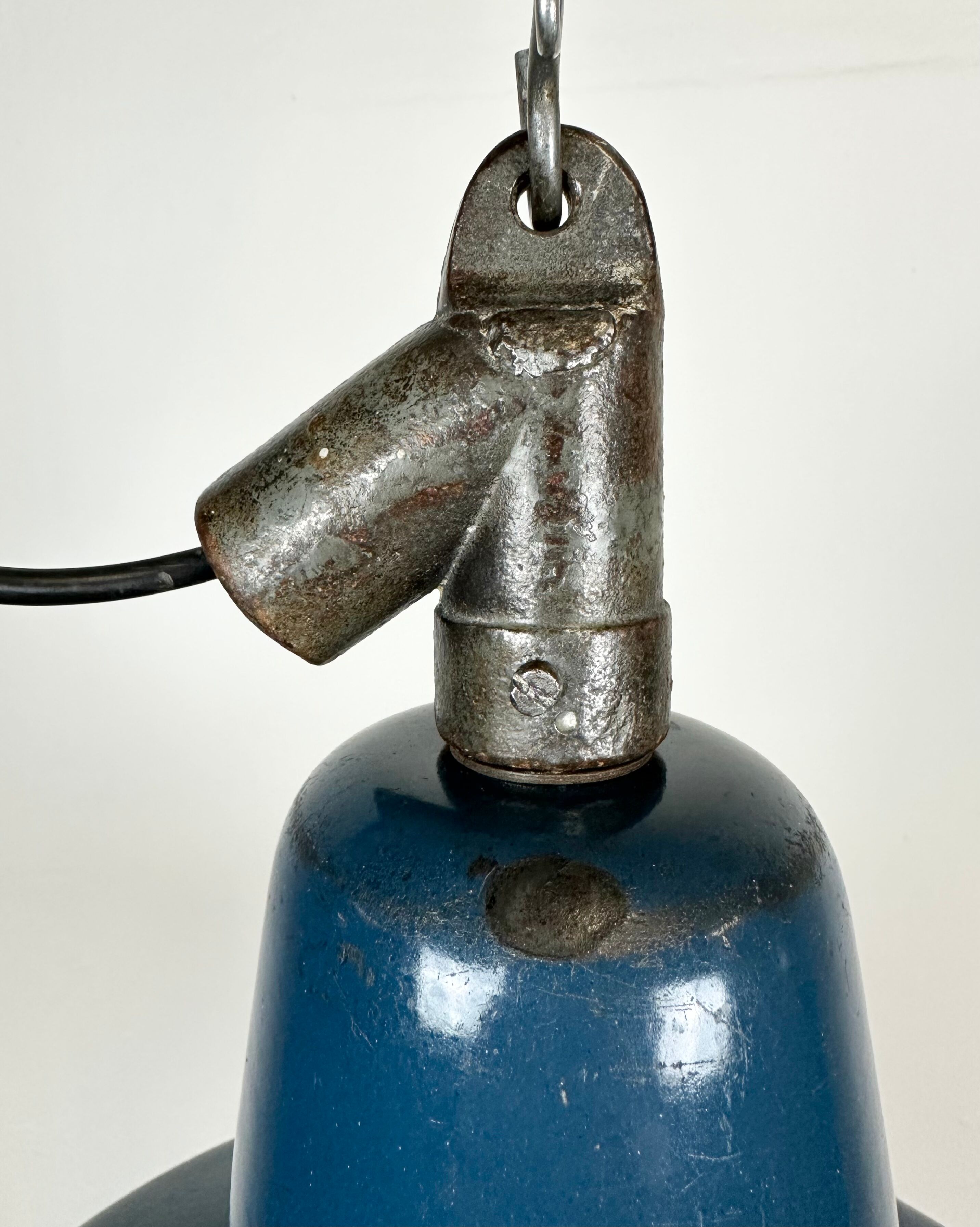 Industrial blue enamel factory lamp with cast iron top, 1960s
