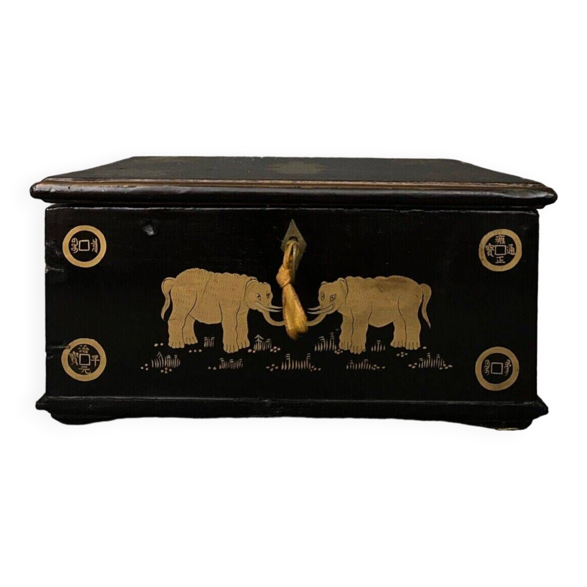 20th century Indian wooden box black lacquer decorated with animals with gold highlights
