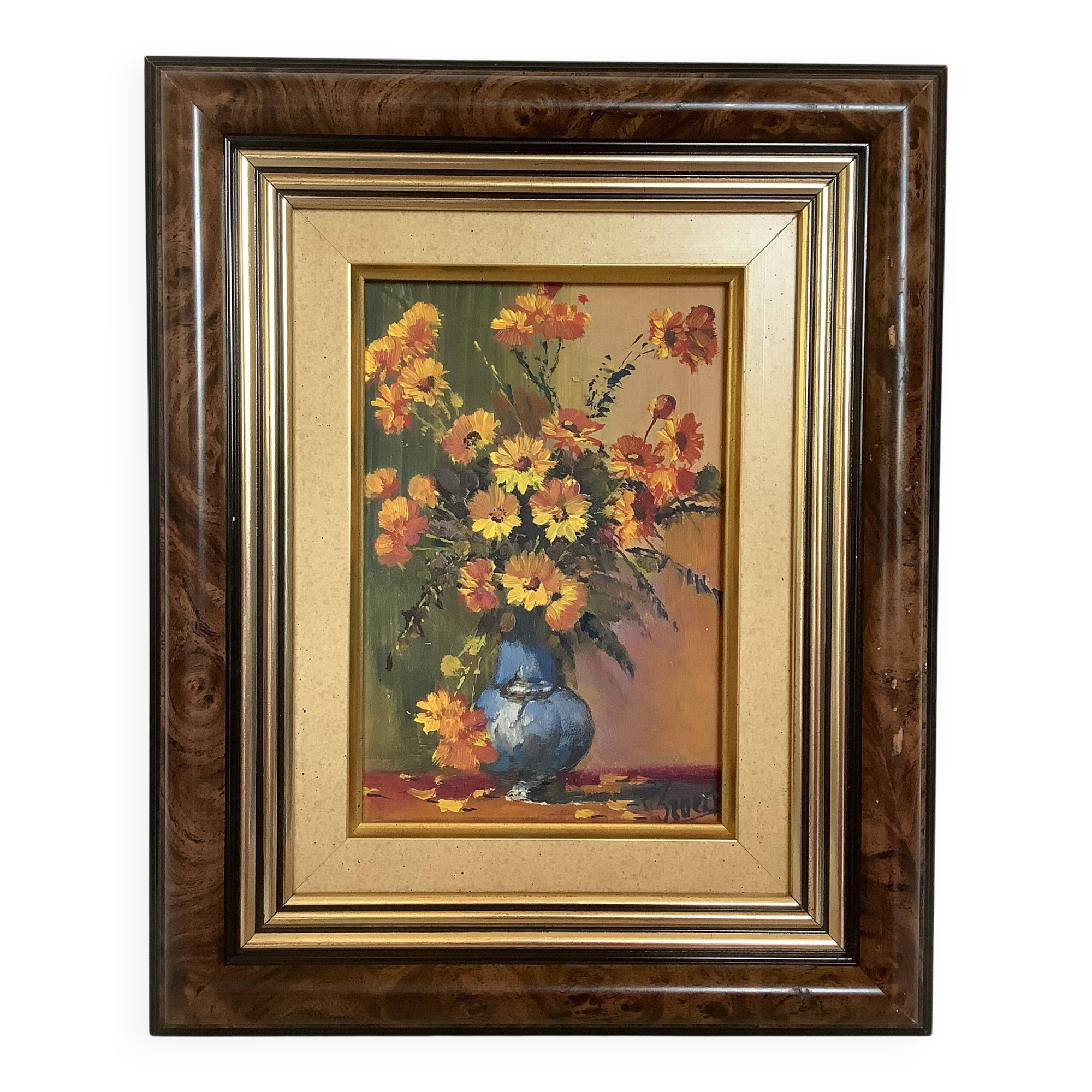 Petit tableau bouquet de fleurs huile sur panneau signée