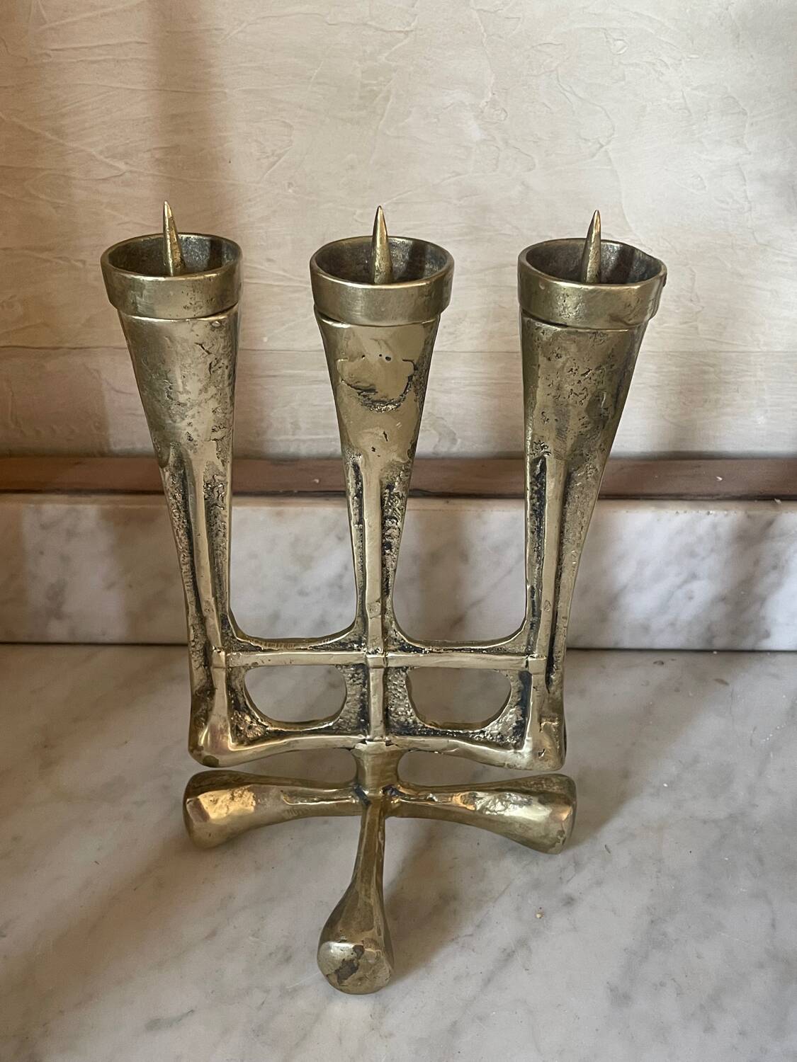Vintage solid brass brutalist candle holder