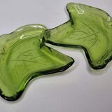 Two empty pressed glass pockets in the shape of ivy leaves, 17 cm