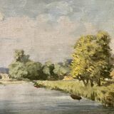 Painting of the lock and the beach of Neuilly Sur Marne signed by Bern 1948