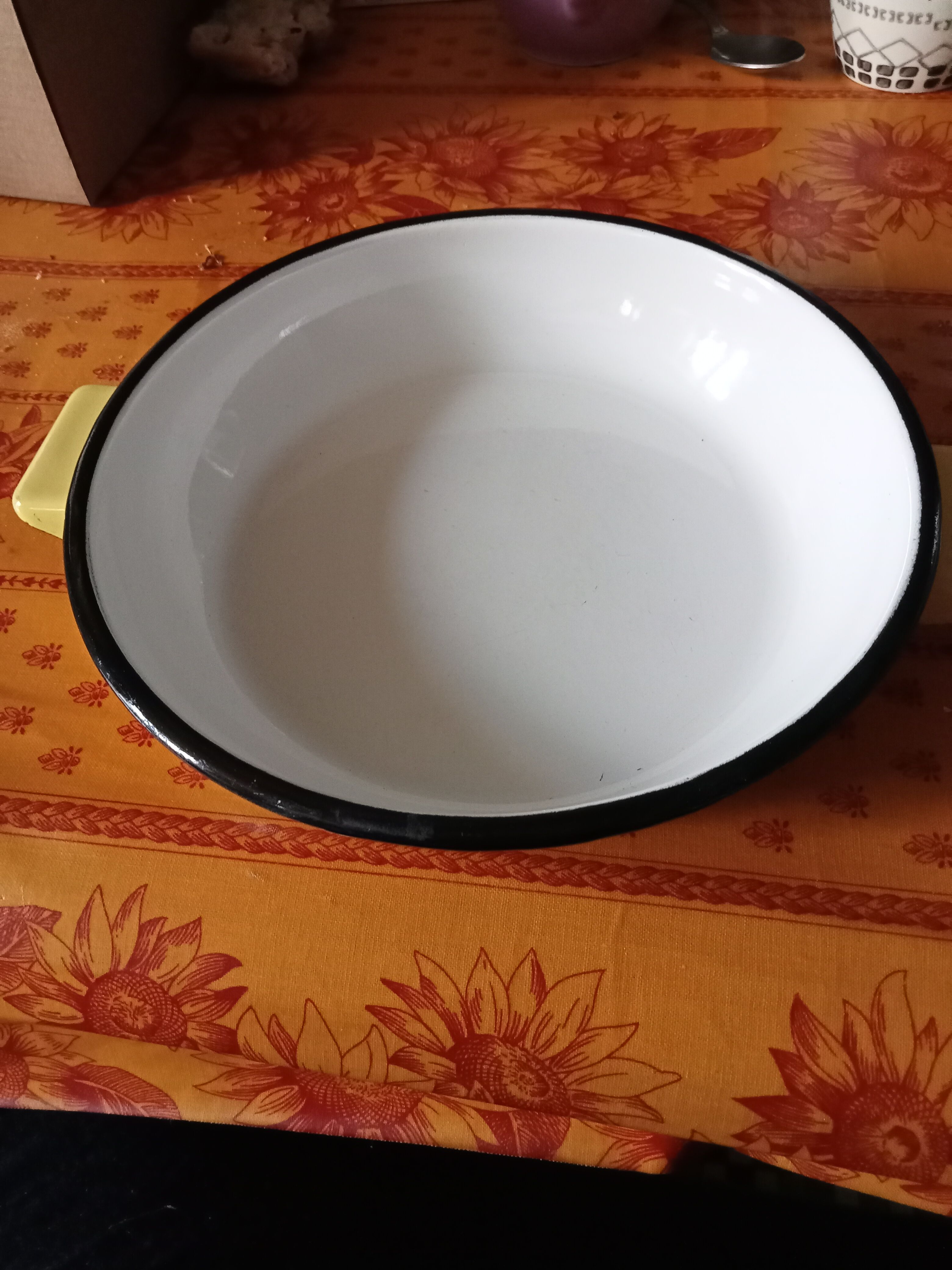 Enamelled dish with handles