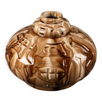 Earthenware vase signed Elgé Vierzon Art Deco 1930 geometric ball shape