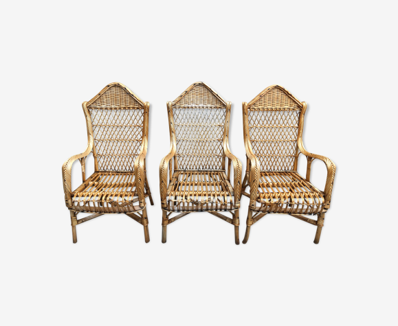 Ensemble de 3 fauteuils en rotin vers 1950