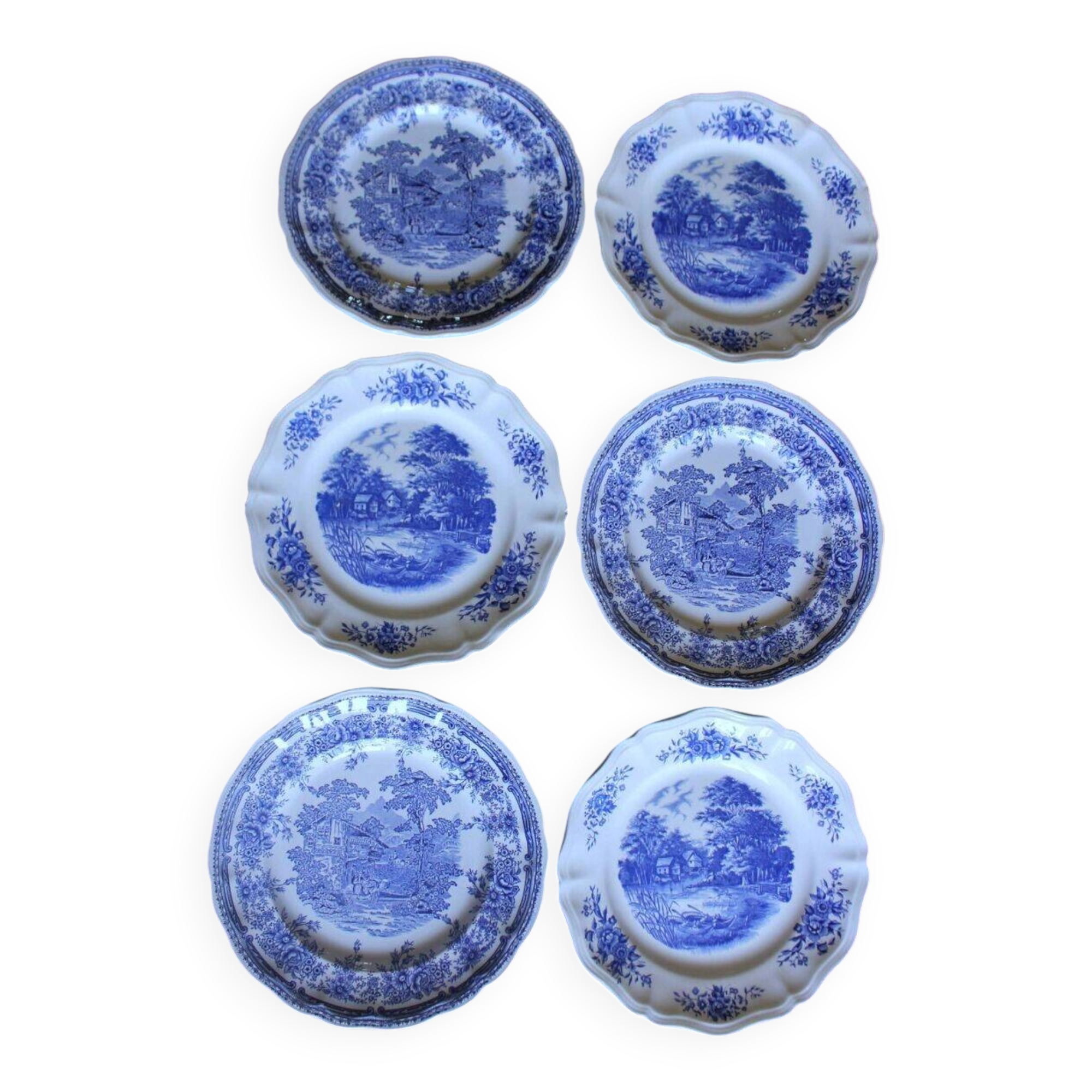 A set of 6 romantic blue Lunéville Sarreguemines flat plates.