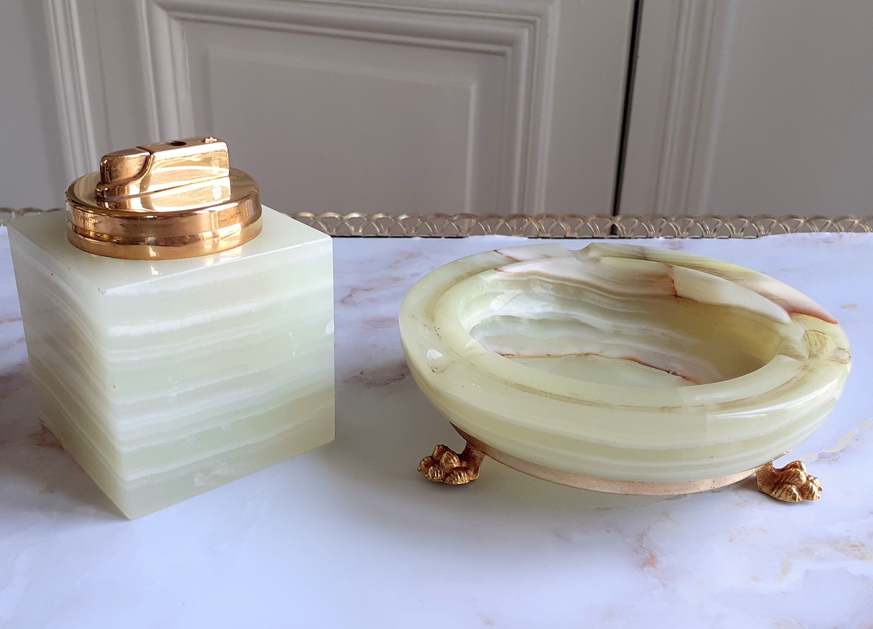 1960-70 onyx ashtray and table lighter set