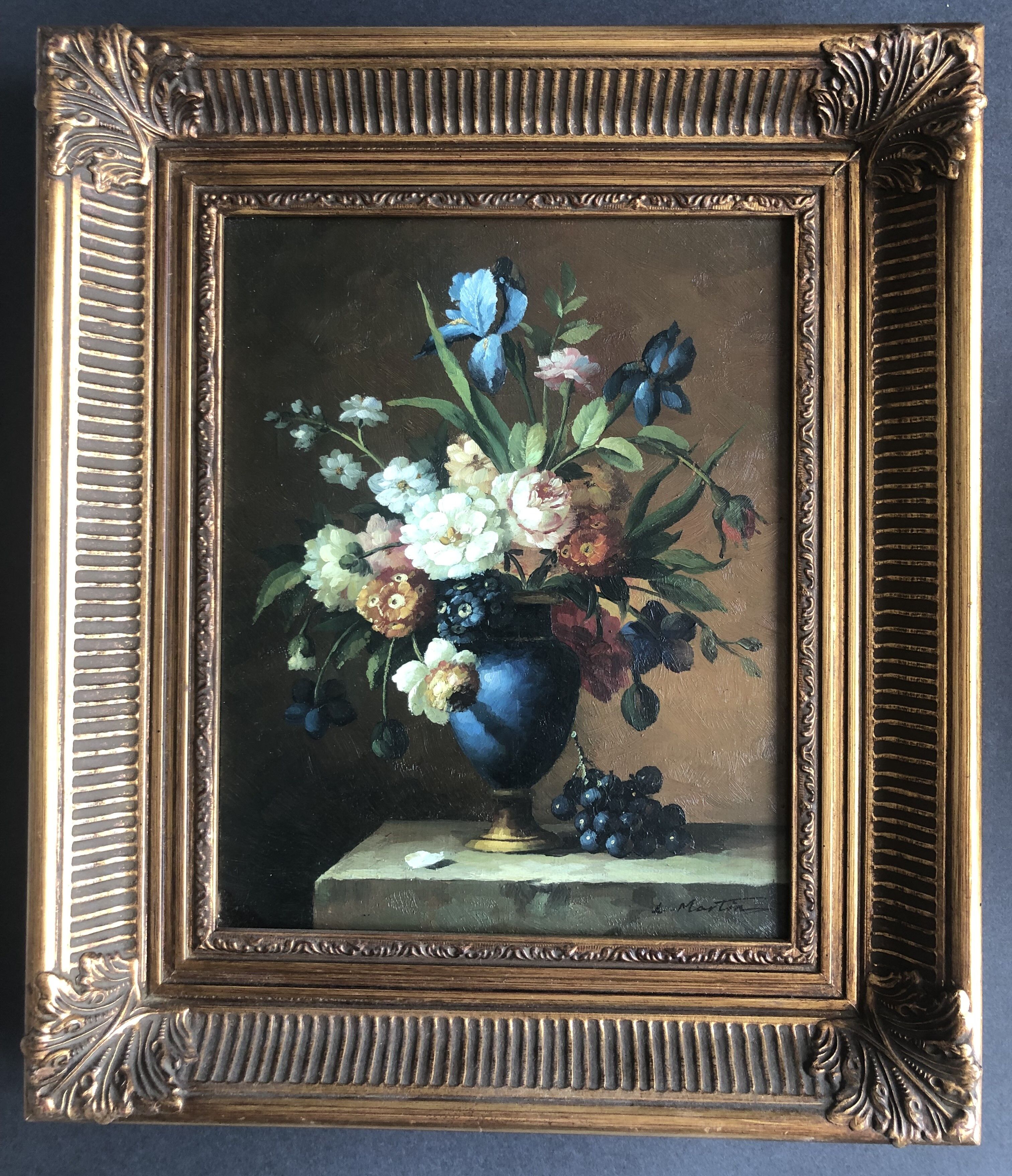 Oil on canvas still life with flowers and grapes