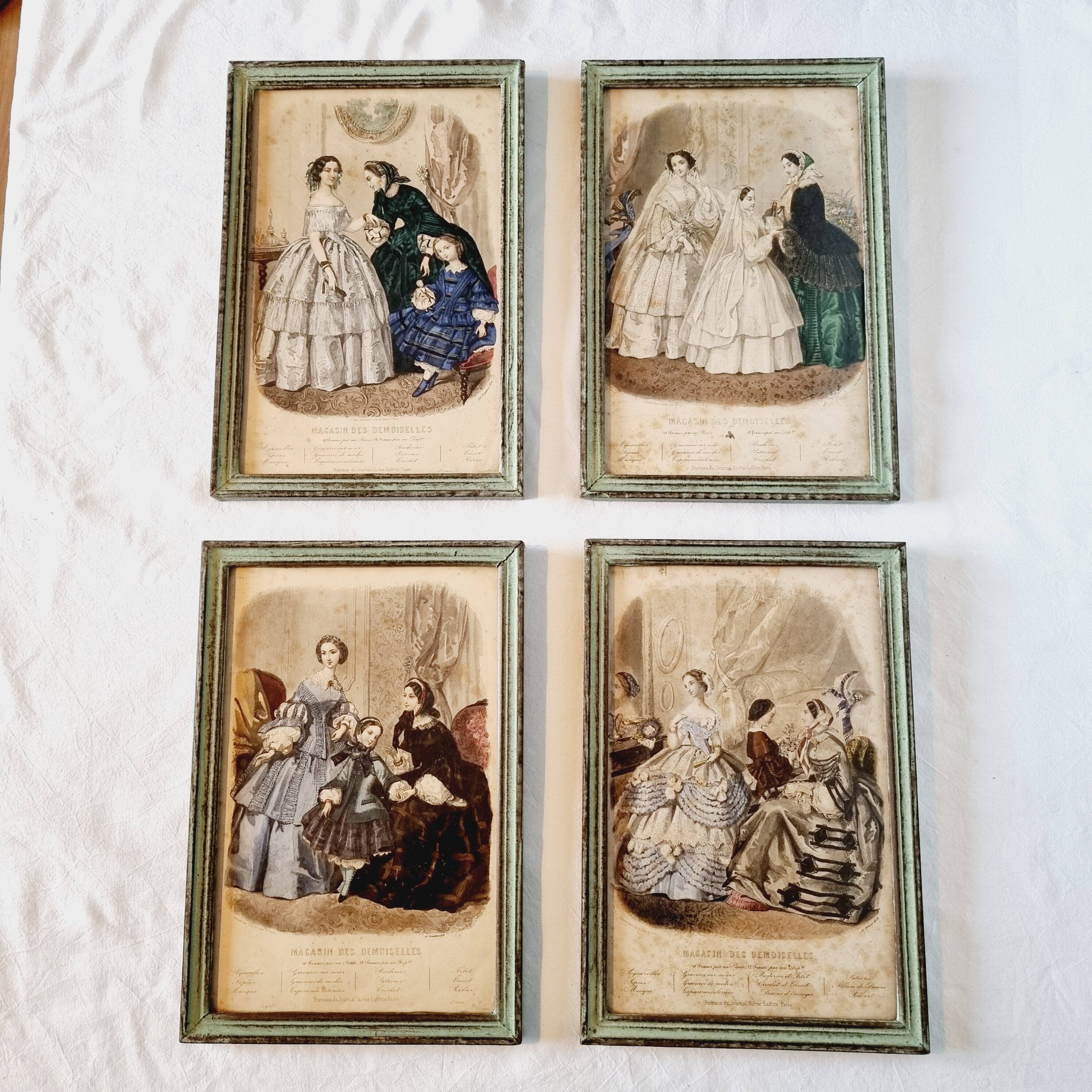 Lot de 4 tableaux avec gravures de mode originales de la fin du 19ème siècle