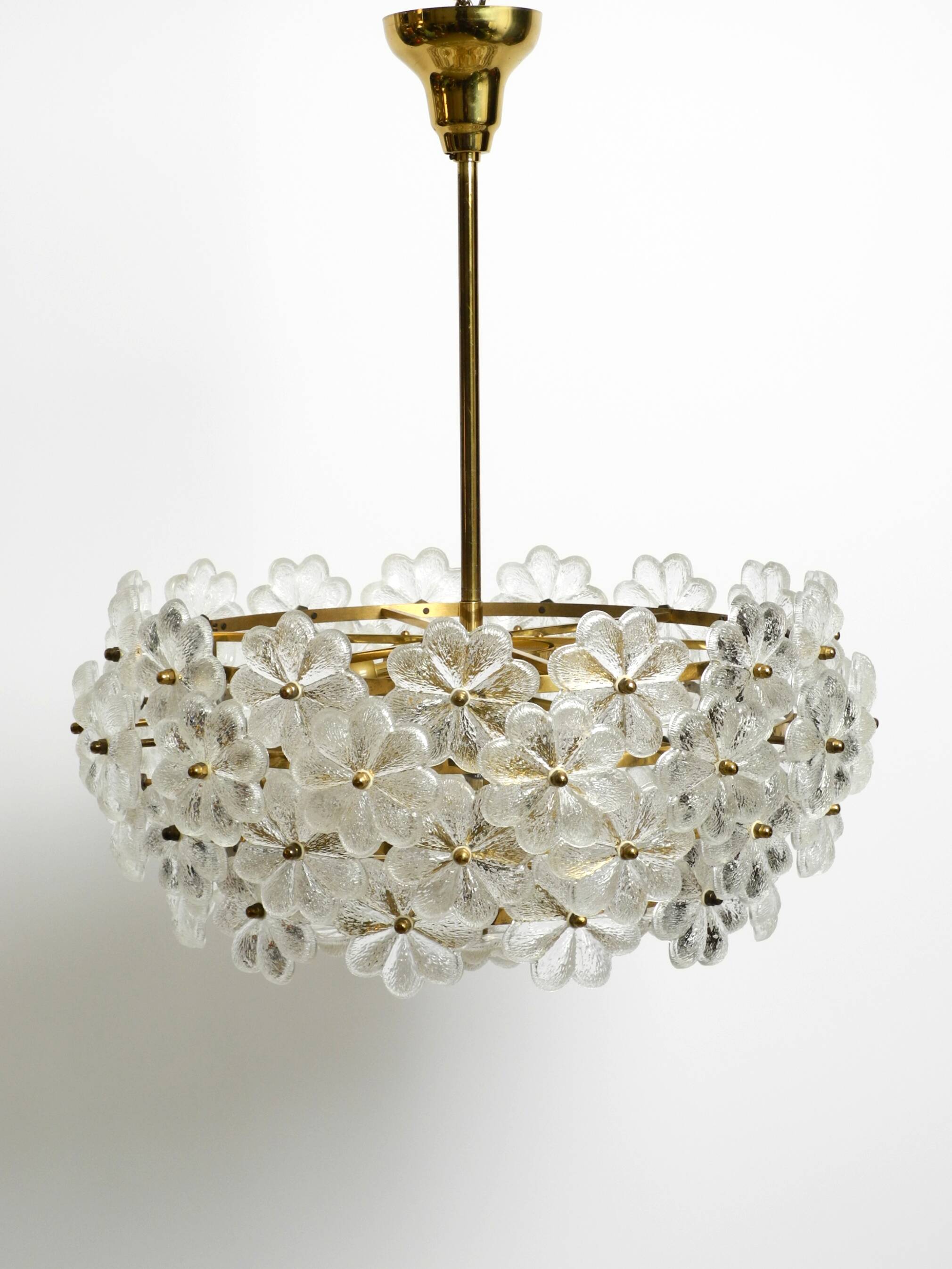 Very rare large heavy 1970s brass crystal glass flower ceiling lamp by Erns