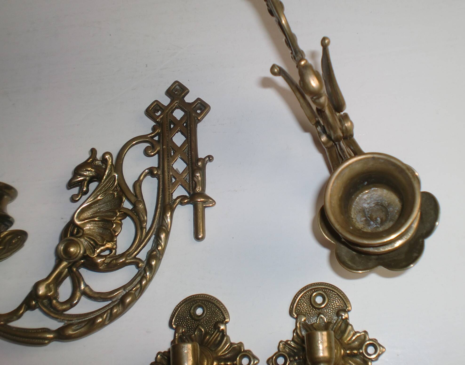 2x Art Nouveau Swivel Arm Piano or Wall Candle Holders Brass Dragon Griffin