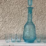 Carafe and 5 old blue glass liqueur glasses