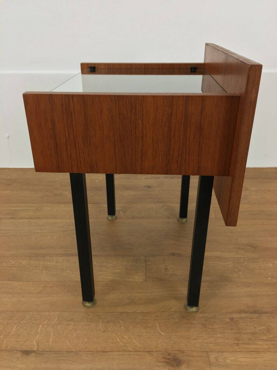 Modernist bedside table from the 1950s, wood and glass.