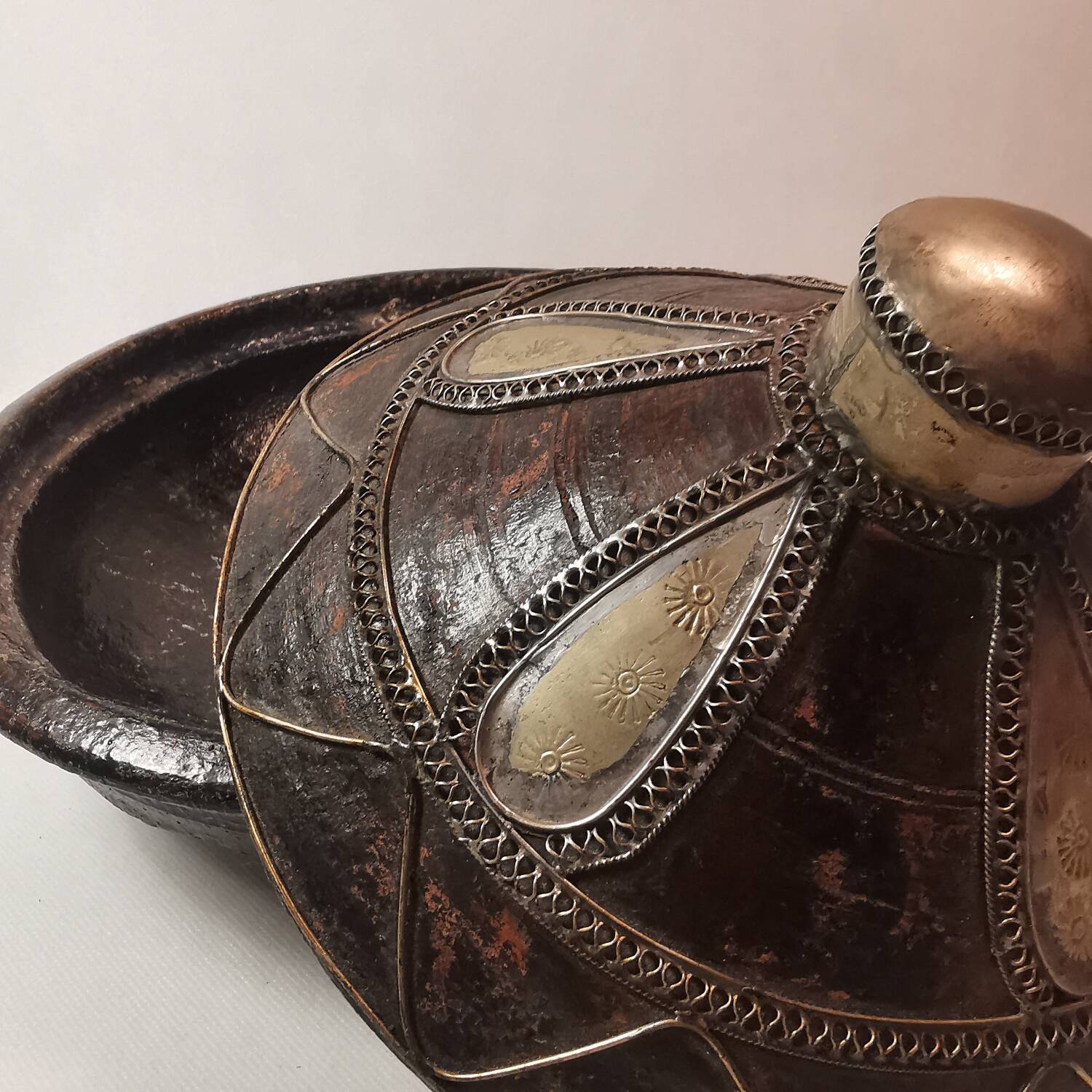 ancient tagine couscous dish hand made clay pottery silver inlays