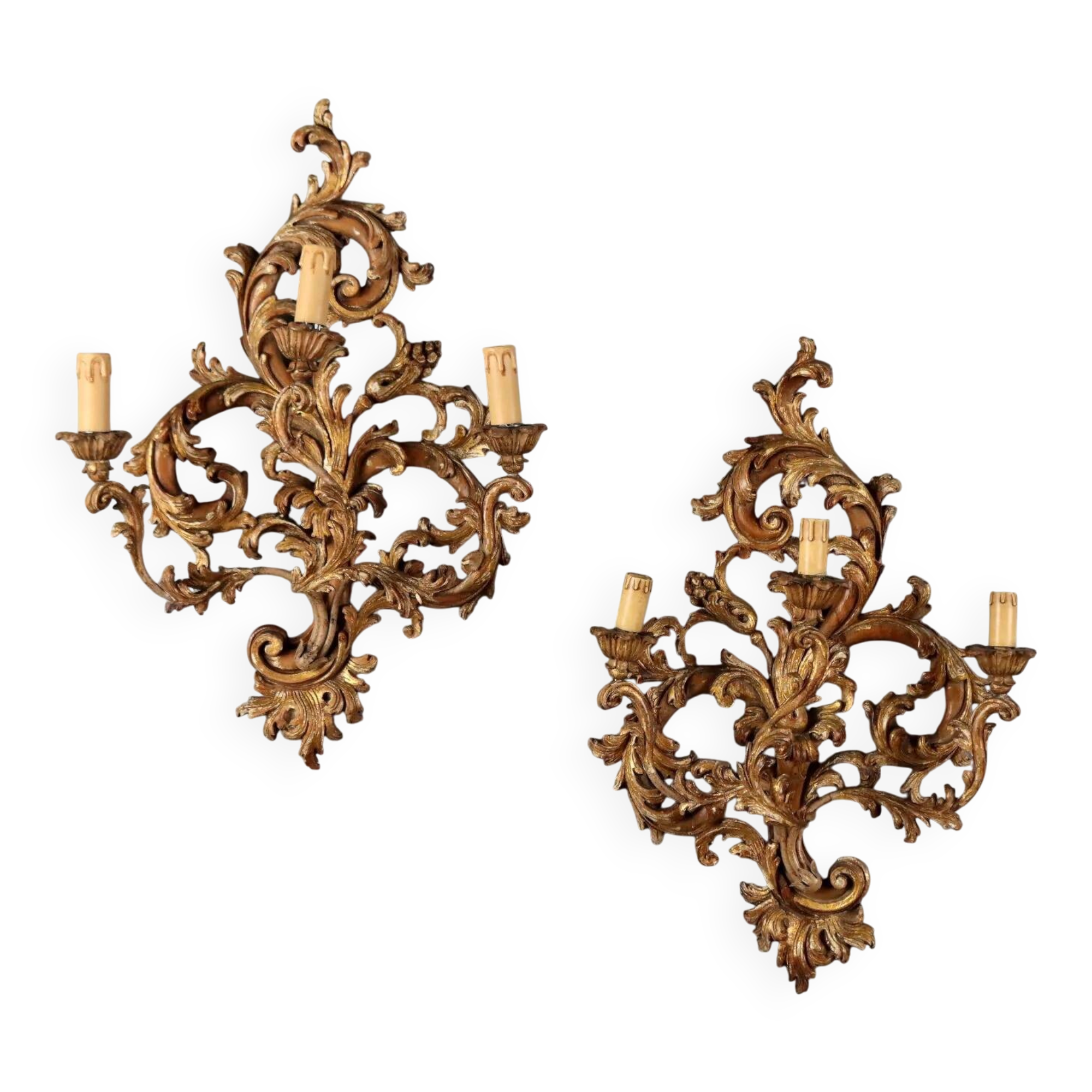 Antique wall sconces in lacquered and gilded wood, Italy, 20th century