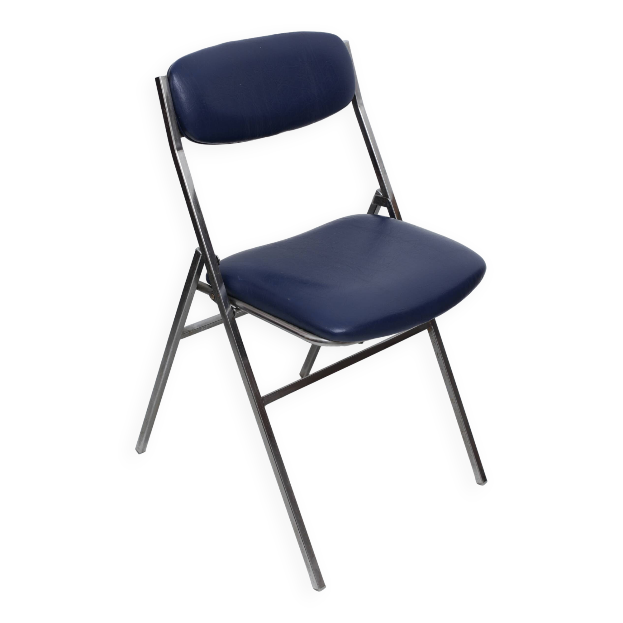 Chaise pliable skaï bleu pieds chromés