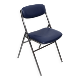 Folding chair in blue faux leather with chrome legs