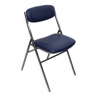 Blue skai folding chair with chrome legs
