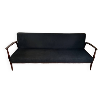 Scandinavian sofa in exotic wood and black fabric, 1960s