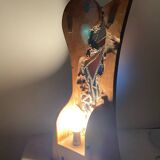 Carved wooden lamp and stained glass