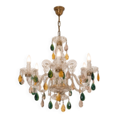 Vintage glass chandelier with coloured pendants, Venetian style.