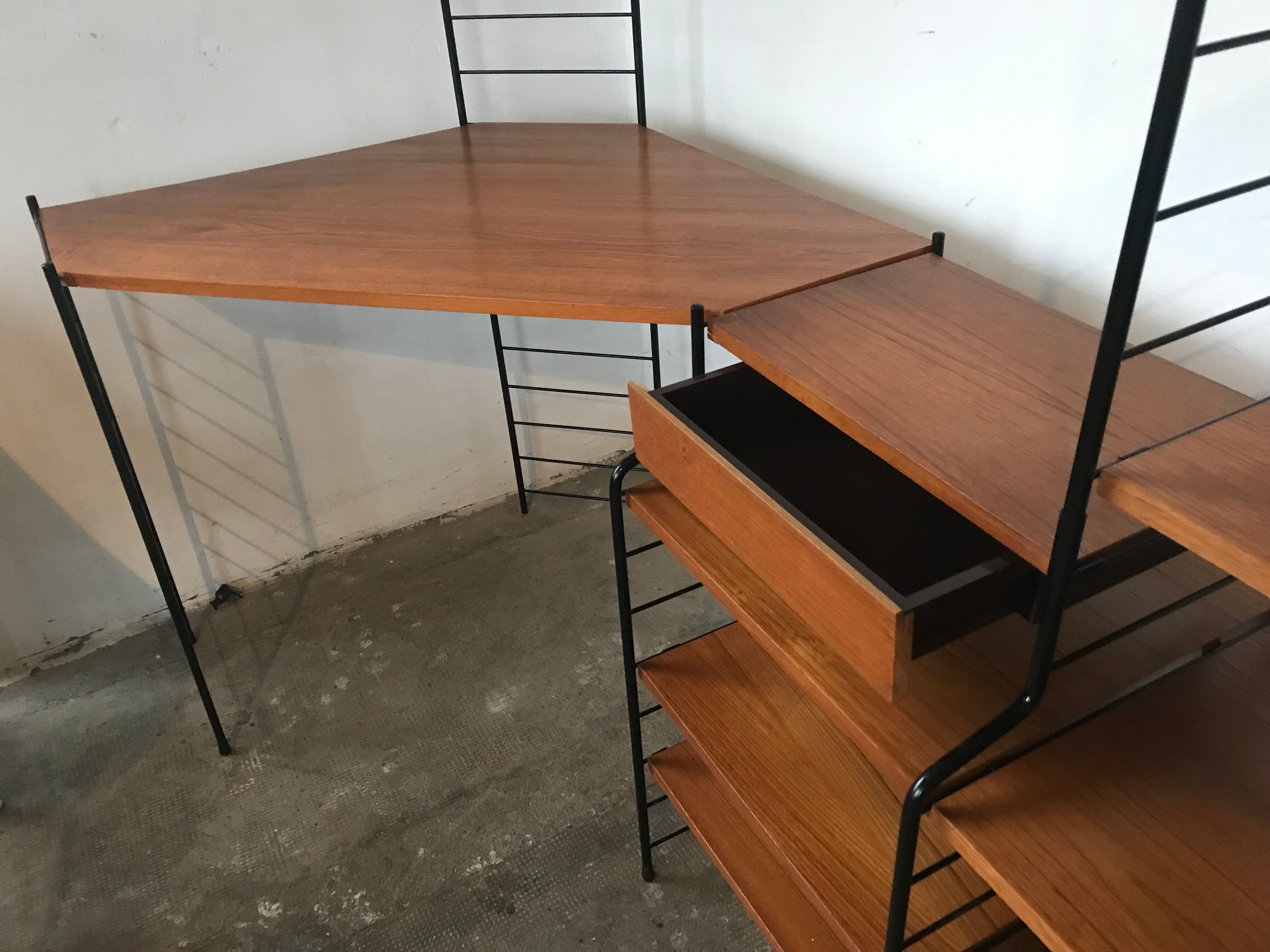 Modular vintage string wall shelf system with 1960-1980's desk