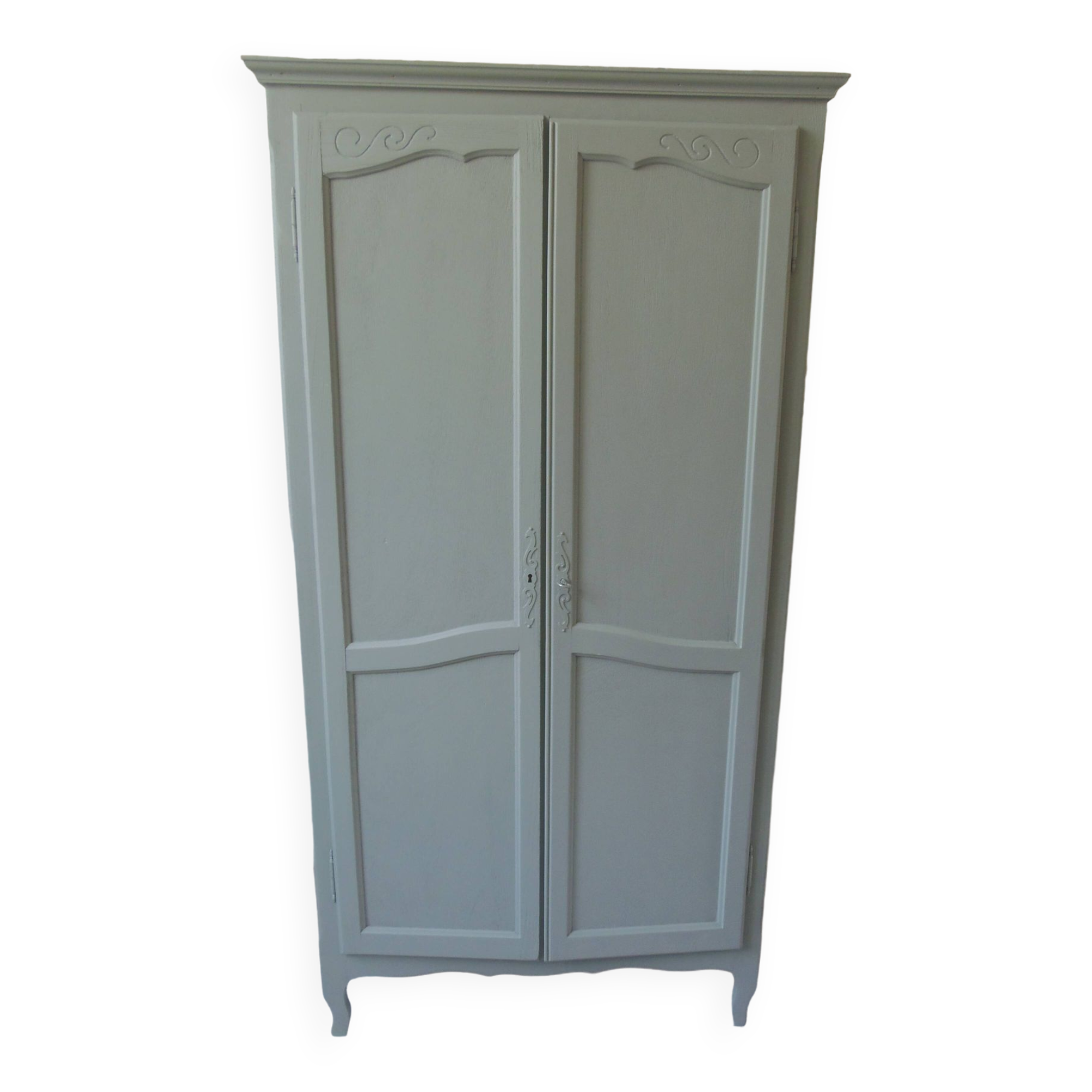 Wardrobe, dresser, vintage linen 2 doors green gray waxed finish.
