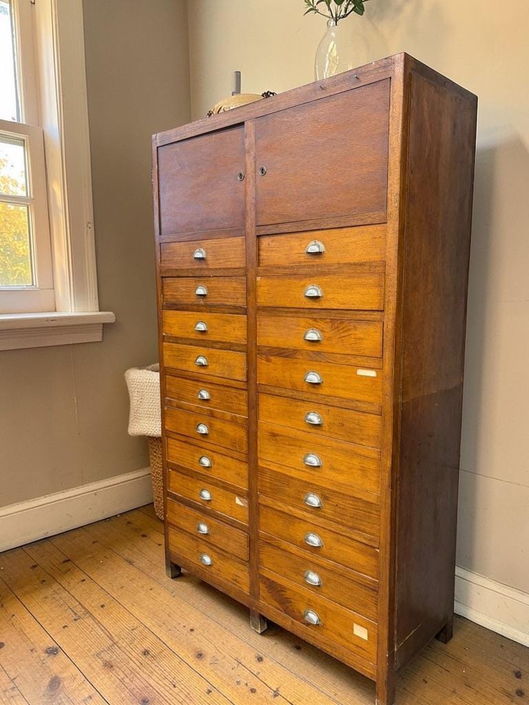 vintage industrial wooden drawer cabinet / archive cabinet