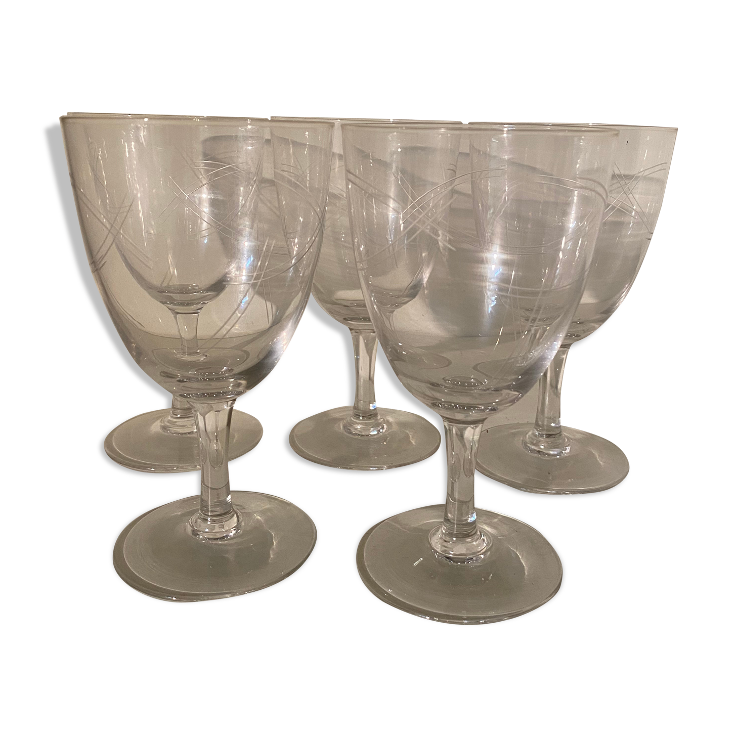 Set of 5 engraved antique wine glasses