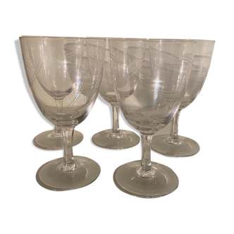 Set of 5 engraved antique wine glasses