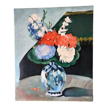 Tableau huile sur toile nature morte bouquet de fleurs d'après Paul Cézanne "Bouquet au petit Delft"