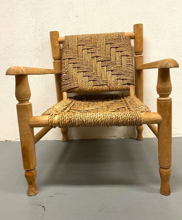 Fauteuil et repose pied en bois et corde