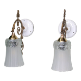 Pair of wall sconces tulip glass art nouveau brass and porcelain fixing rosette