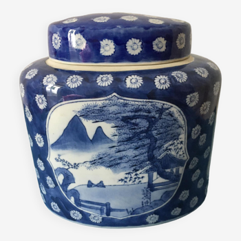 Grande boîte à thé en porcelaine aux décors bleus d’inspiration d’Asie. Forme oblongue.