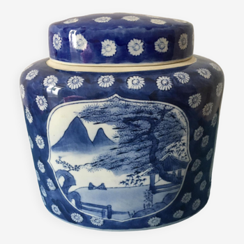 Large porcelain tea box with blue Asian-inspired decorations. Oblong shape.