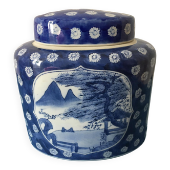 Large porcelain tea box with blue Asian-inspired decorations. Oblong shape.